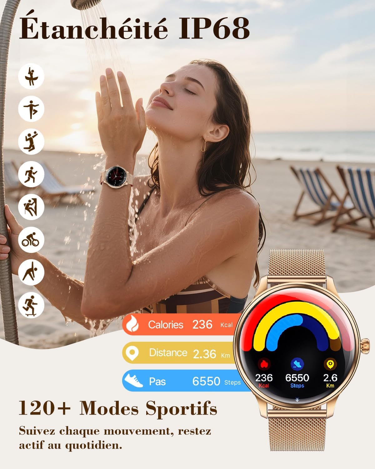 Detalle de WalkerFit Smartwatch Damen Rund 1,43" AMOLED – IP68, Bluetooth Anrufe, 120+ Sportmodi, Roségold