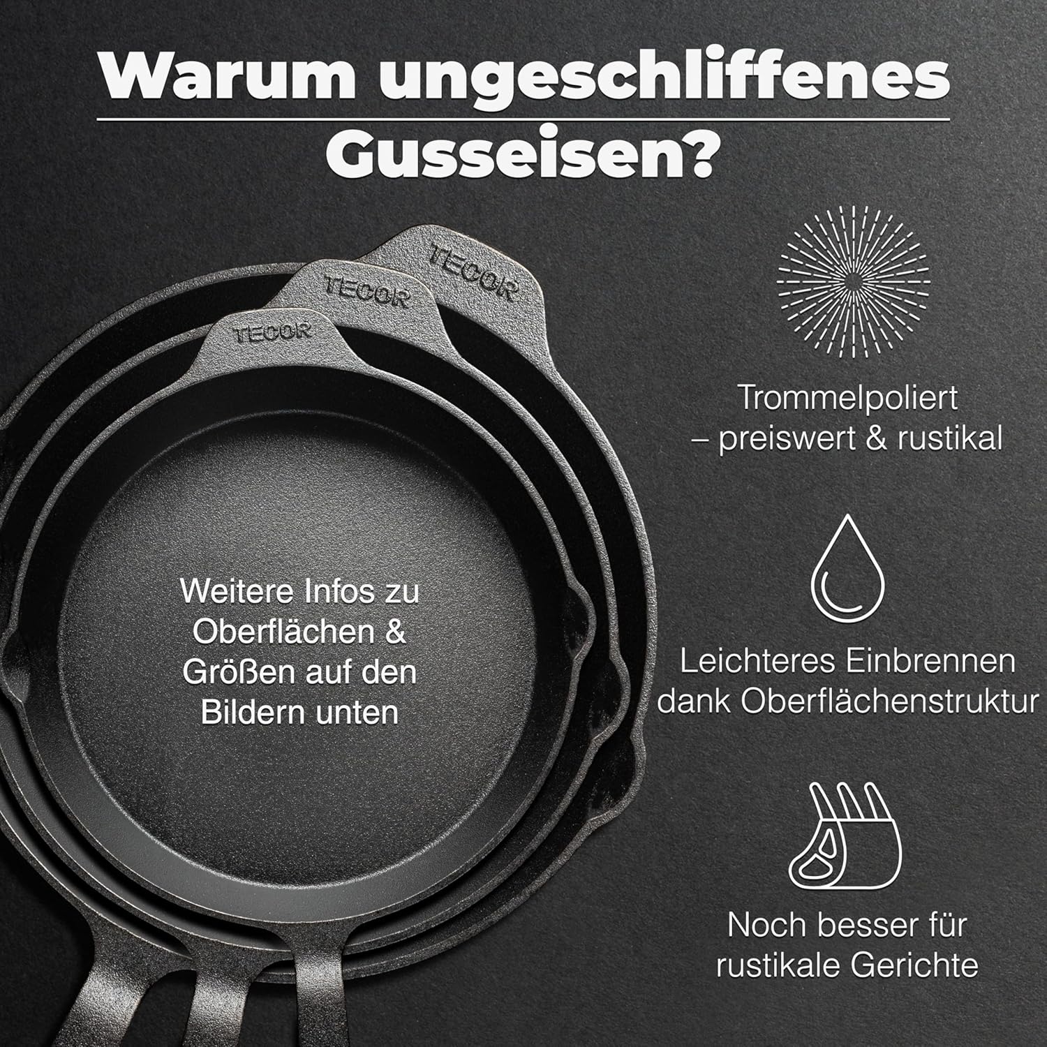 Thumbnail 5 de TECOR Gusseisenpfanne für Induktion, 32 cm (ungeschliffen) – natürliches Antihaft-Kochen ohne Beschichtung