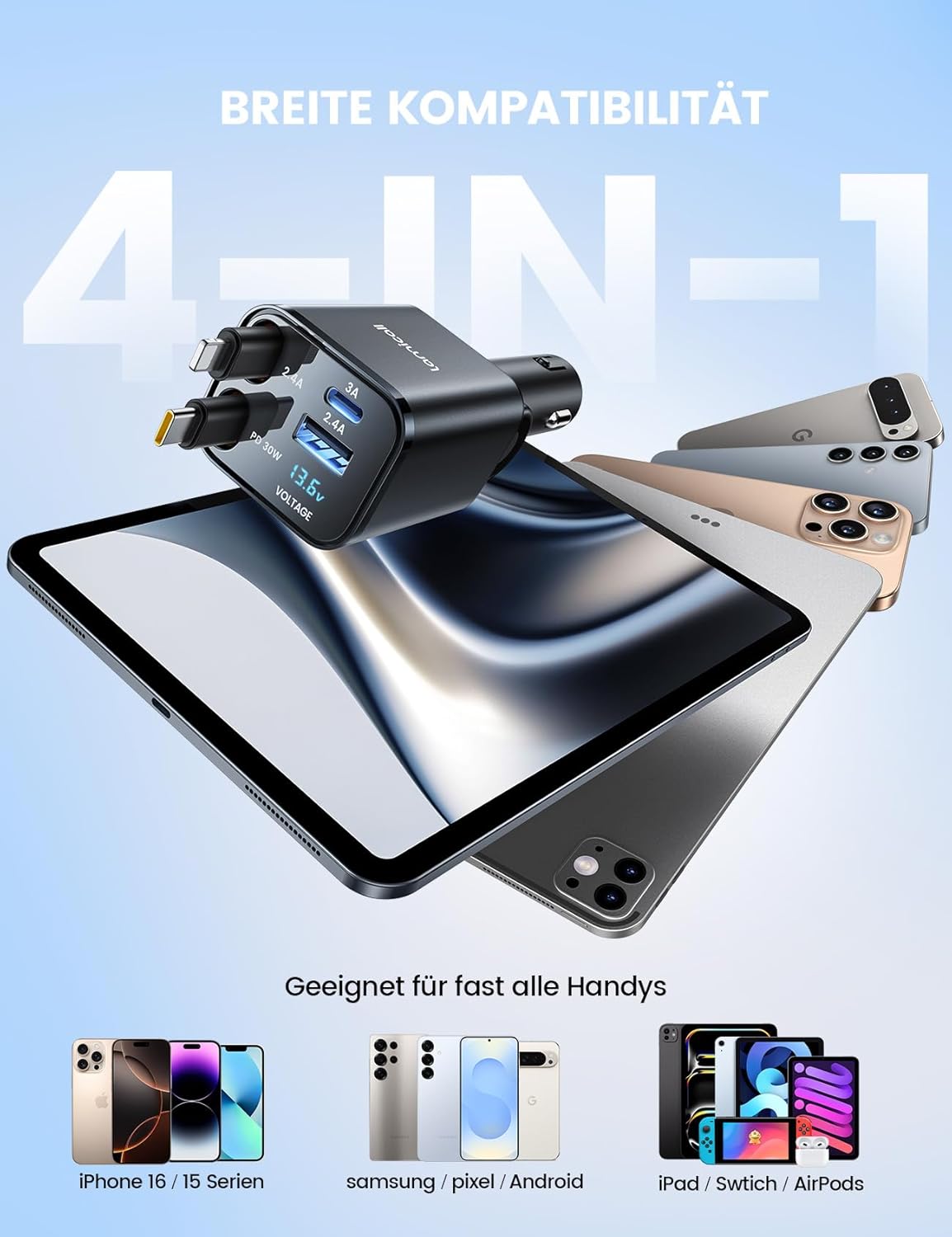 Detalle 2 de Lamicall 4-in-1 Zigarettenanzünder USB-C Auto-Ladegerät (69W) mit einziehbarem Kabel und Spannungsanzeige
