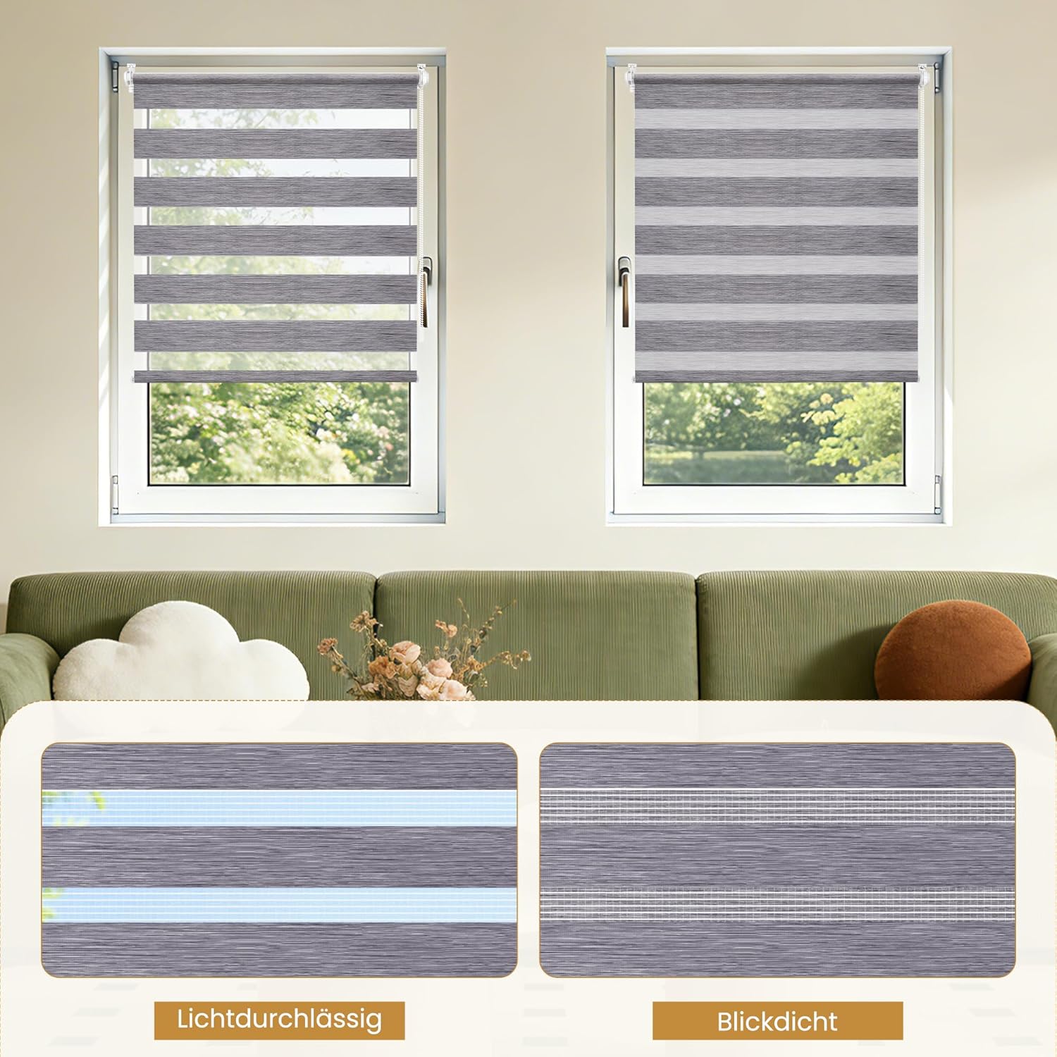 Thumbnail 3 de Grandekor Doppelrollo Klemmfix ohne Bohren 105x120 cm – Vielseitiges Innenrollo mit Streifenmuster