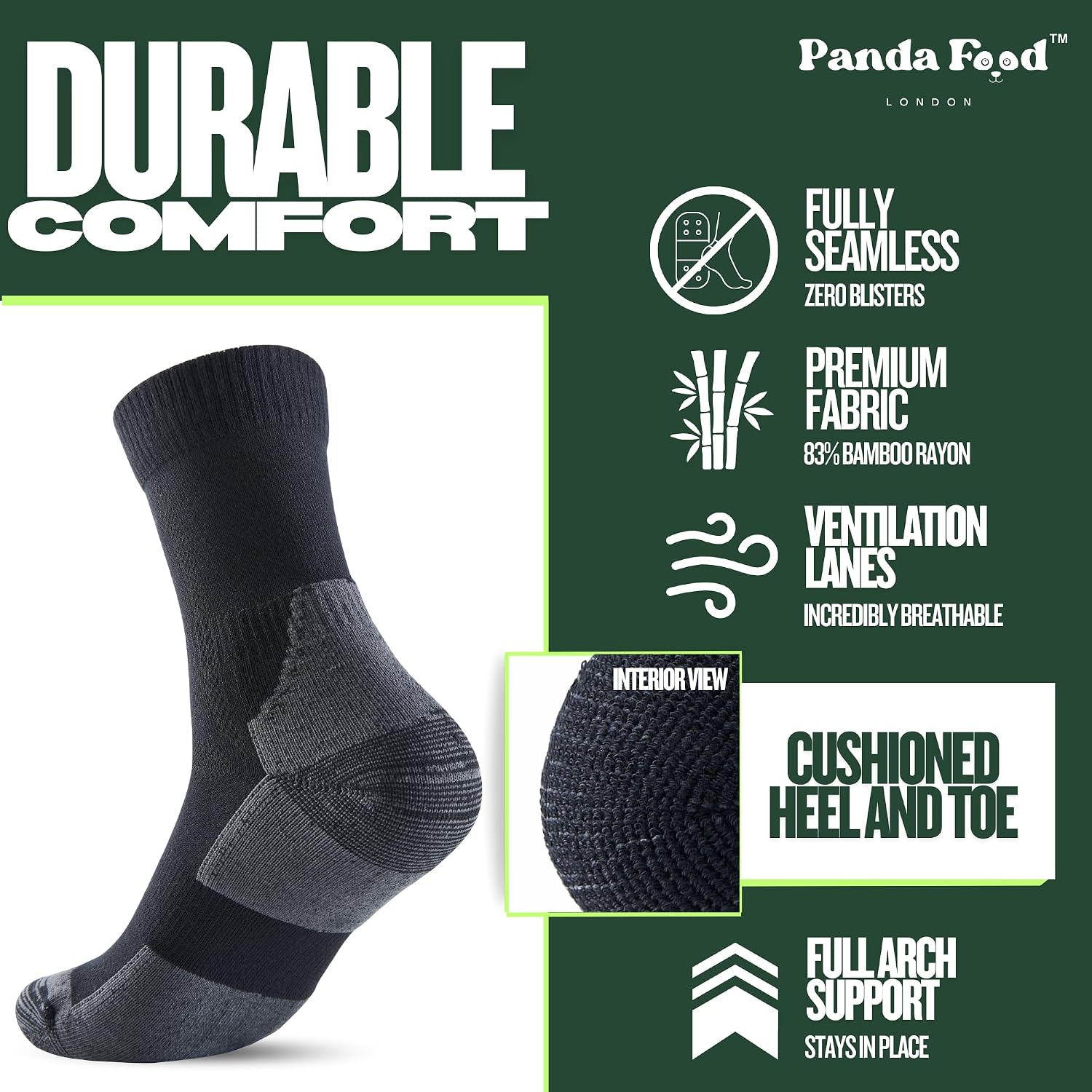 Thumbnail 2 de PANDA FOOD Premium Bamboo Outdoor Walking Socks (3 Pack) – Anti-Blister Warm, Breathable Unisex Cushion & Arch Support