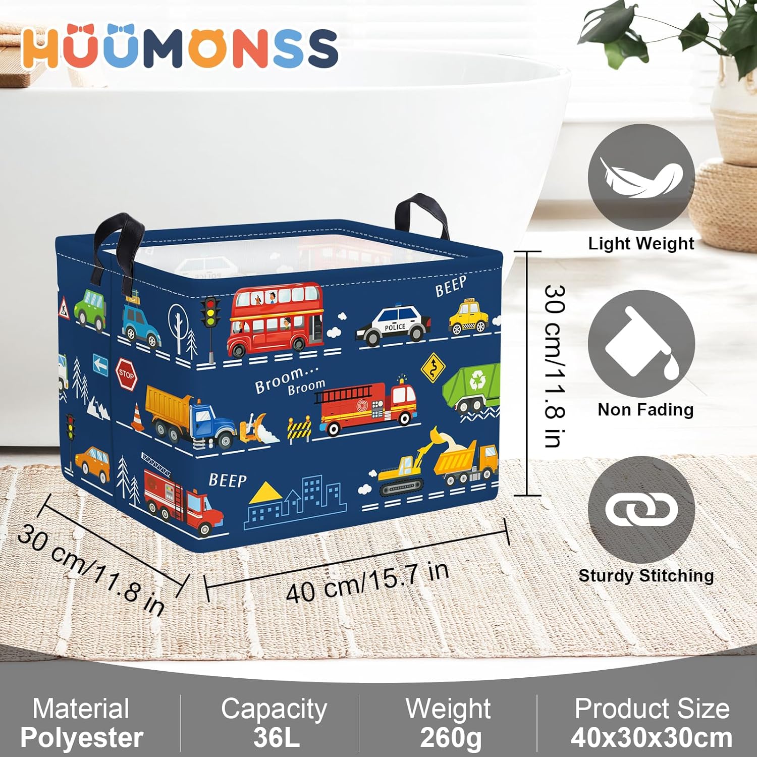 Detalle de HUUMONSS Cartoon Cars Storage Basket – 36L large toy box for kids’ toys, clothes and laundry