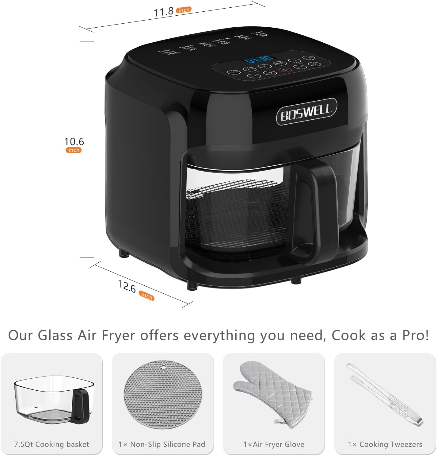 Thumbnail 4 de BOSWELL Glass Air Fryer (7.5QT) with Transparent Fry Bowl and 360° Hot Air Circulation