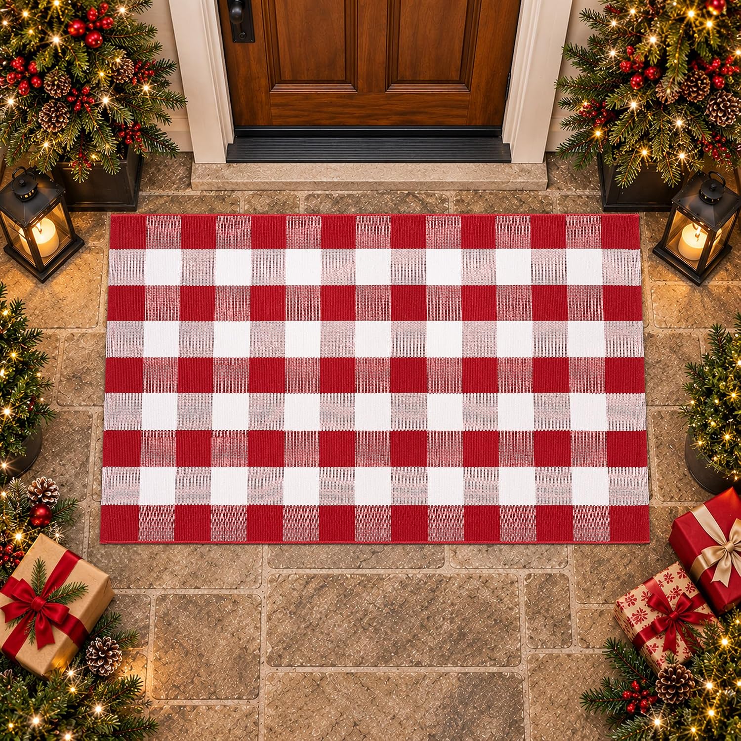 Detalle de Homydecor 3' x 5' Christmas Plaid Door Mat, Reversible Cotton-Poly Flatweave