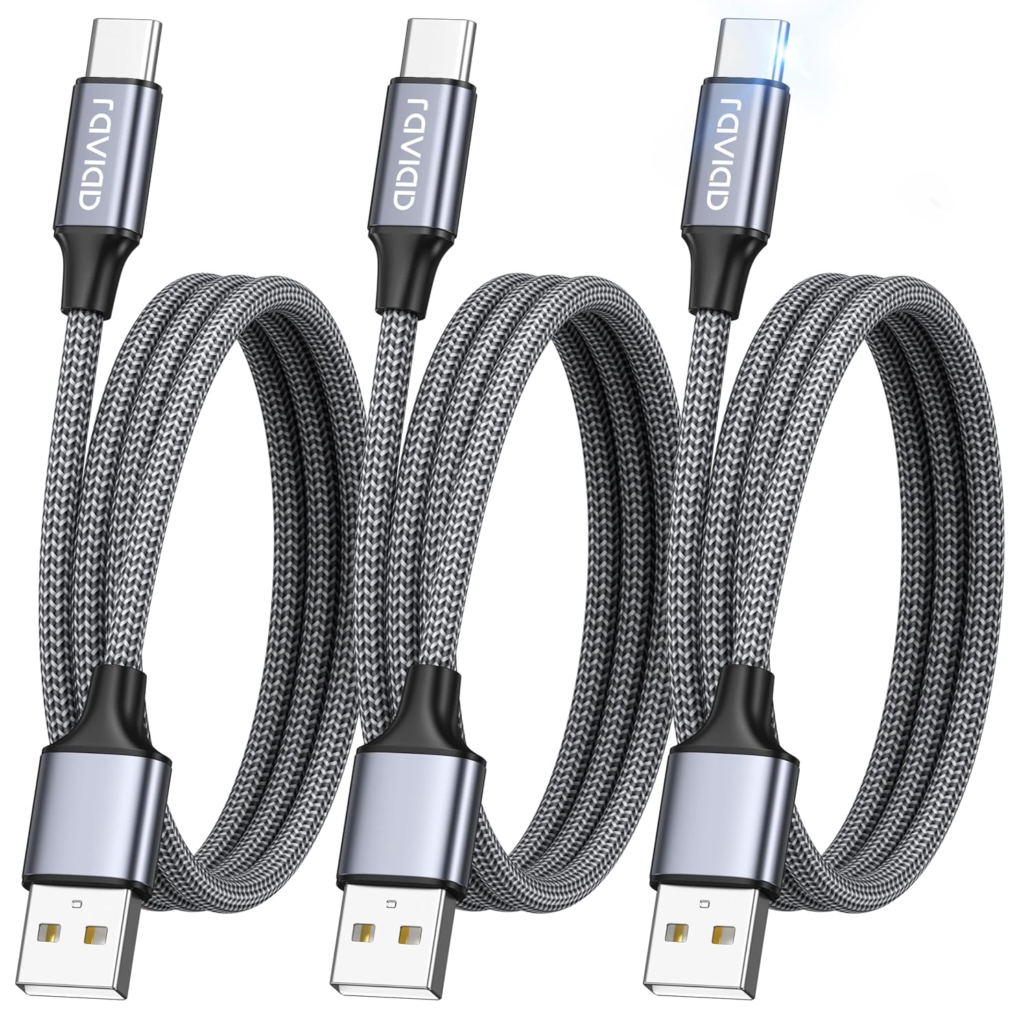 Detalle de RAVIAD USB‑C Kabel 3er-Set (3 Stück, 2 m) 3,1A Schnellladekabel mit USB‑C (Nylon, reversibler Stecker)