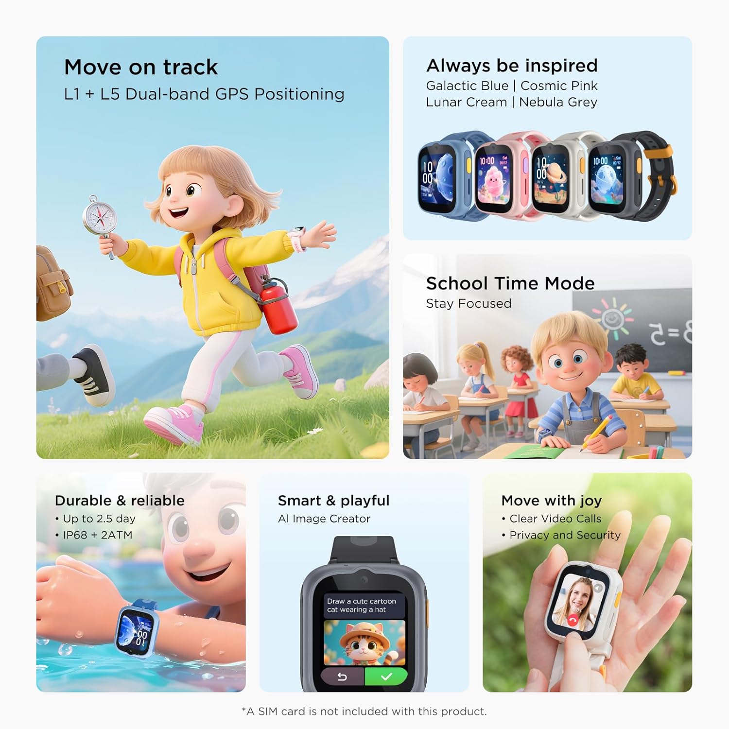 Thumbnail 1 de TCL Movetime MT48 Kids Smartwatch (4G video calling, dual-band GPS, IP68 + 2ATM) – Galactic Blue, no SIM card