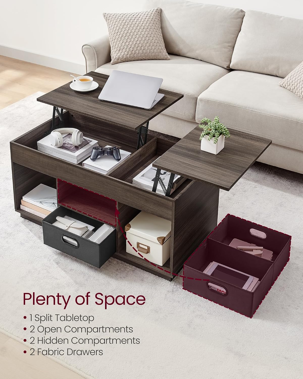 Detalle 1 de VASAGLE LCT210K02 Lift-Top Coffee Table, Ash Brown, 2 Drawers