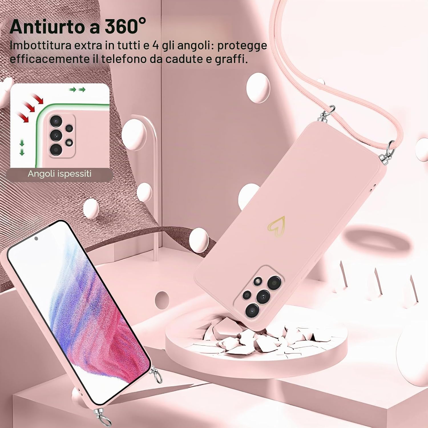Thumbnail 3 de Oelrstfe Cover per Samsung Galaxy A53 5G con Cordino: custodia morbida, design a cuore e ciondolo regolabile