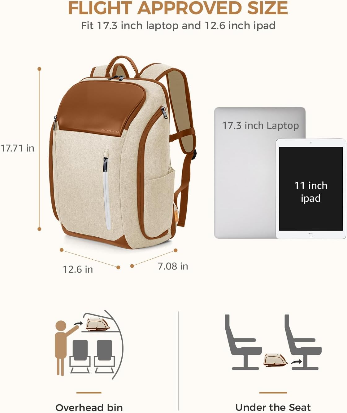 Detalle de Ponhog Laptop Backpack Women – 30L Anti-Theft, 17.3" Laptop, Beig e