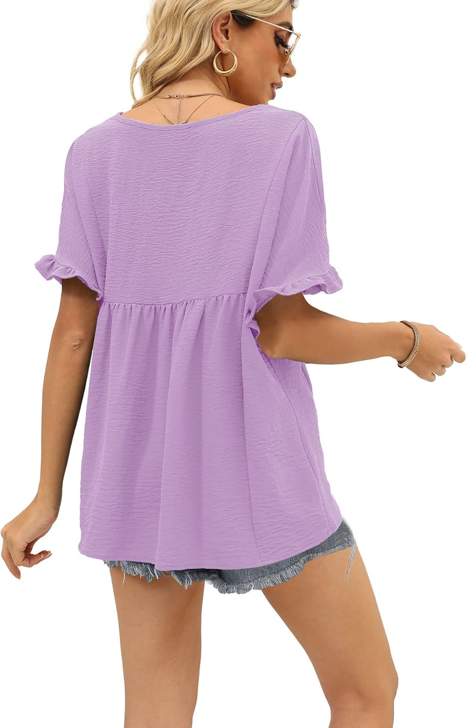 Thumbnail 3 de WIHOLL Women’s Casual V-Neck Ruffle Sleeve Babydoll Peplum Top (100% Polyester)