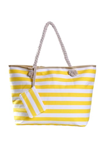 Detalle de DonDon Bolso de playa grande con cremallera: diseño a rayas blanco y amarillo