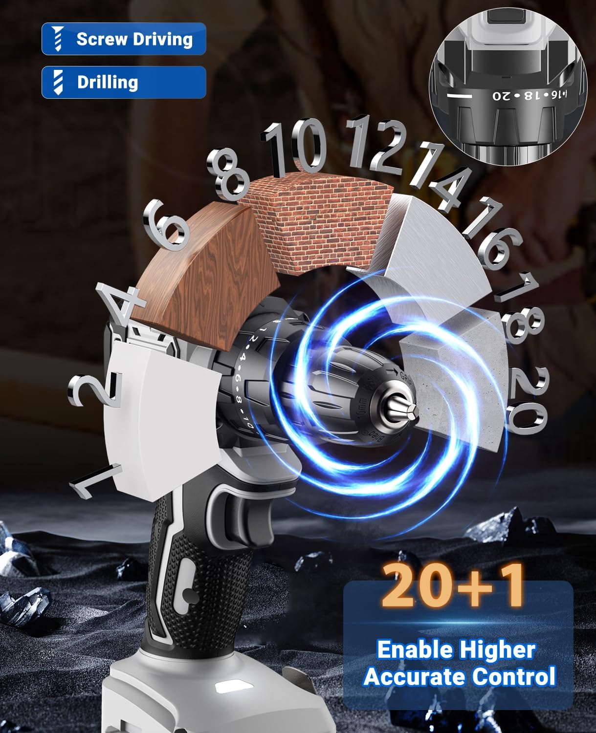 Thumbnail 2 de AKZWOXRO trapano avvitatore a batteria 21V brushless, 45 N.m, 2 velocità e 20+1 coppia (con 2 batterie da 2,0Ah)