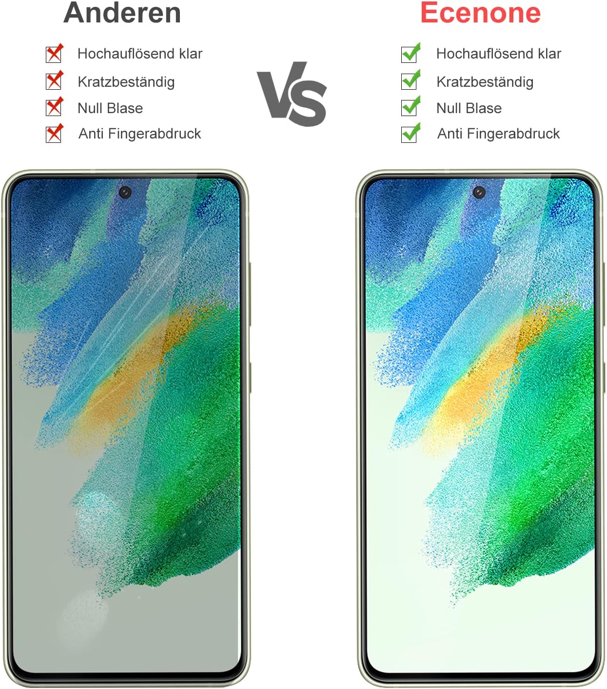 Detalle de Schutzfolie für Samsung Galaxy S21 FE 5G/4G – Panzer Glas, 2-Stück, 9H Härte, Blasenfrei, HD-Klar