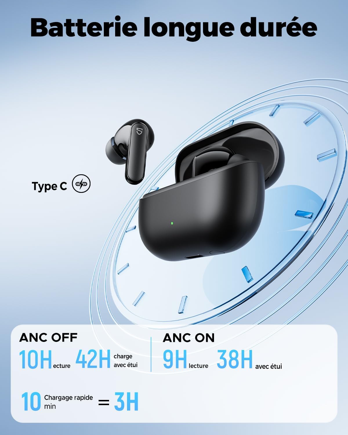 Detalle de SoundPEATS Q3 Pro : Écouteurs ANC Bluetooth 38 dB, 42 h d’autonomie, IA multi-mic et mode jeu ultra réactif