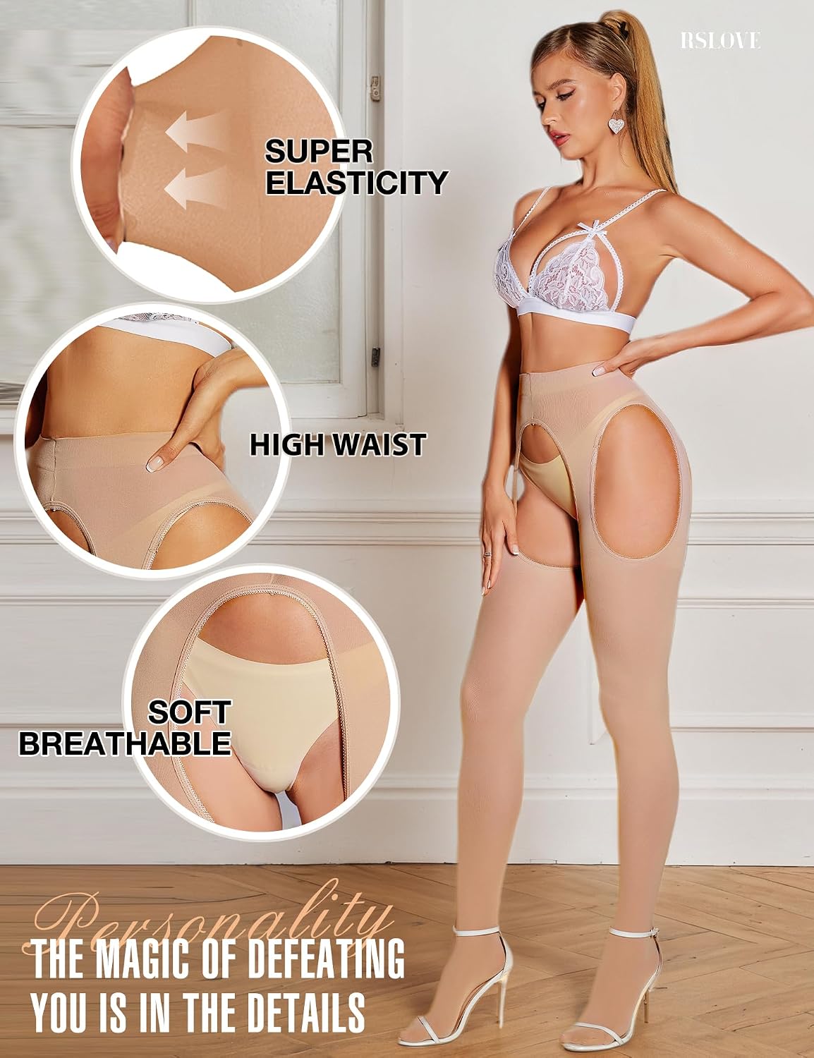 Detalle de RSLOVE 80D panty met hoge taille en open kruis van nylon