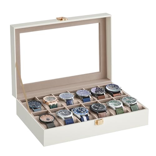 Detalle de SONGMICS JWB120W01: Caja de Relojes con 12 Compartimentos y Tapa de Cristal en Cuero Sintético Blanco Nube