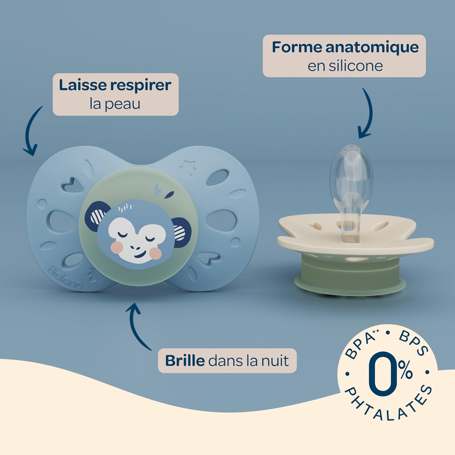 Thumbnail 3 de BIOLANE Tétines anatomiques de nuit, sucettes phosphorescentes extra-fines 6–18 mois – Bleu et Beige
