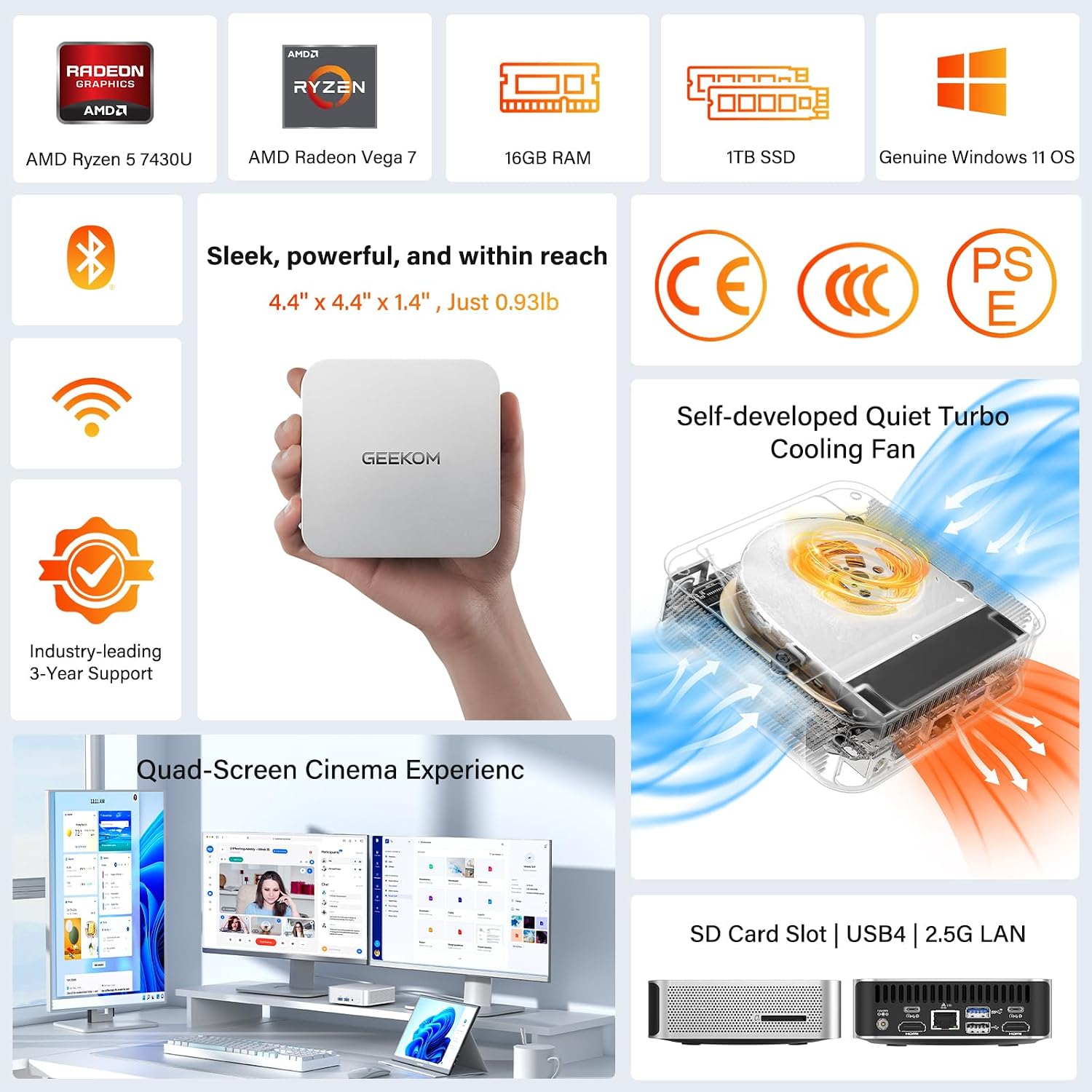 Detalle de GEEKOM A5 PRO mini PC (AMD Ryzen 5 7430U, Windows 11 Pro, 16GB RAM, 1TB SSD) for quad display