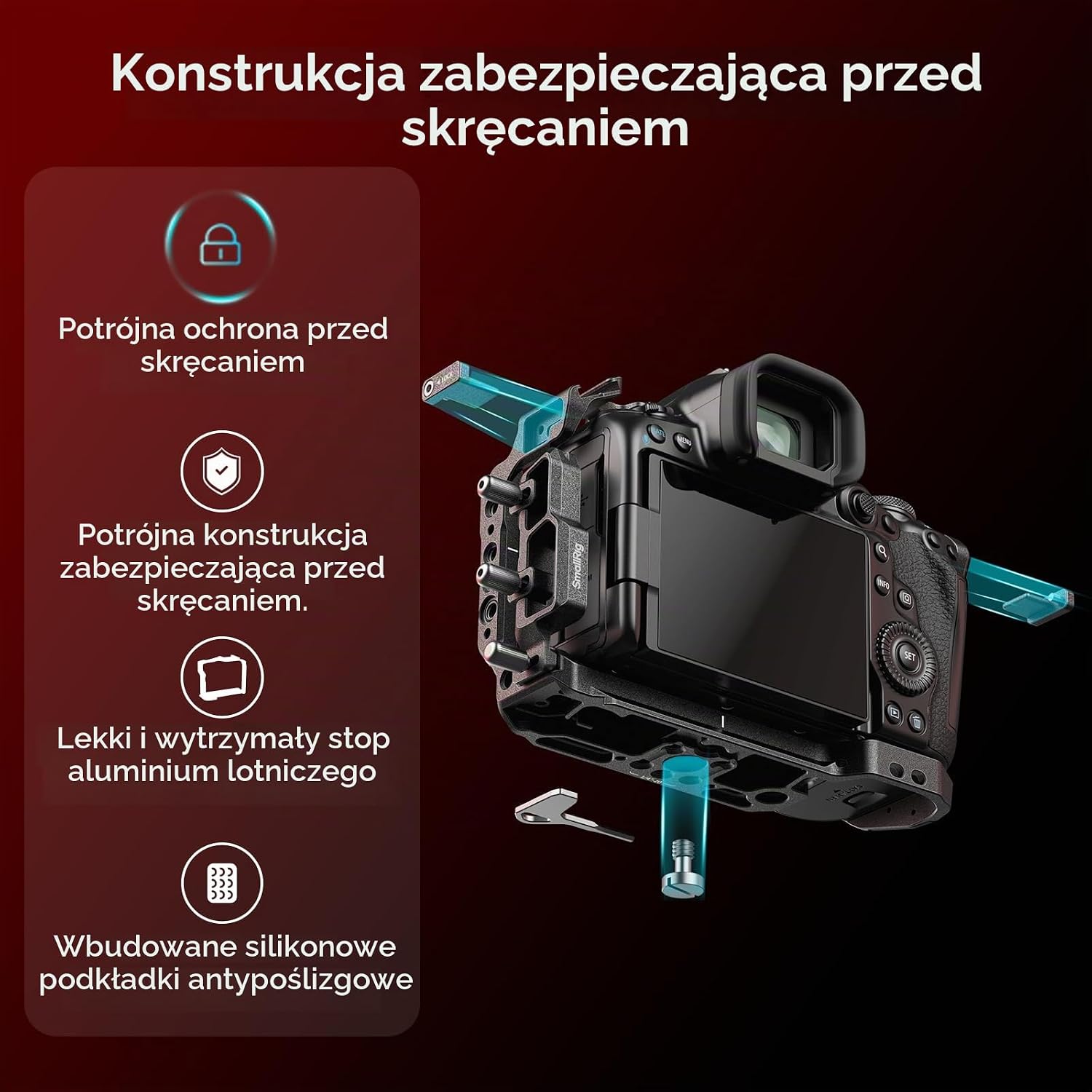 Detalle de SMALLRIG 4975 Black Mamba – klatka do Canon EOS R5 Mark II z mocowaniami 1/4″ i 3/8″