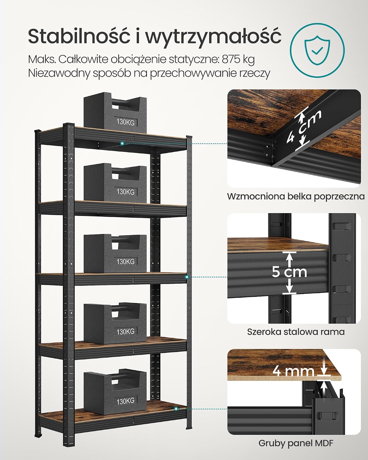 Thumbnail 4 de SONGMICS COZORY GLR030B01 – regał stalowy, 5 regulowanych półek, 30 × 75 × 150 cm