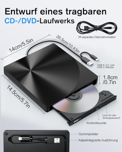 Thumbnail 7 de varkda Externes CD/DVD Laufwerk USB 3.0 & USB-C Brenner – kompakter Allrounder für Laptop, PC & Mac