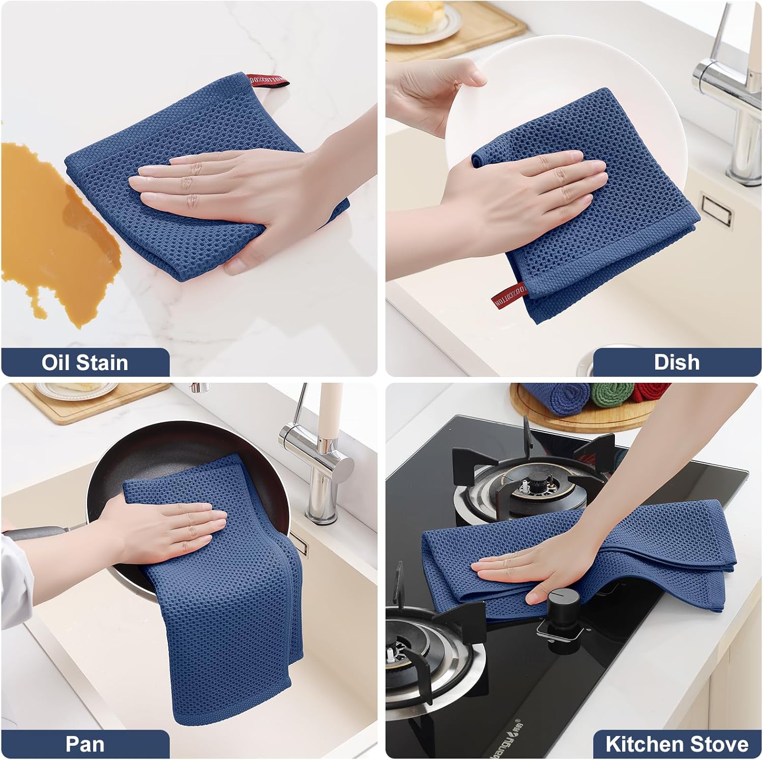 Detalle de Homaxy 100% Cotton Kitchen Towels and Dishcloths Set, 8-Piece (12x12 and 13x28 Inches) in Navy Blue