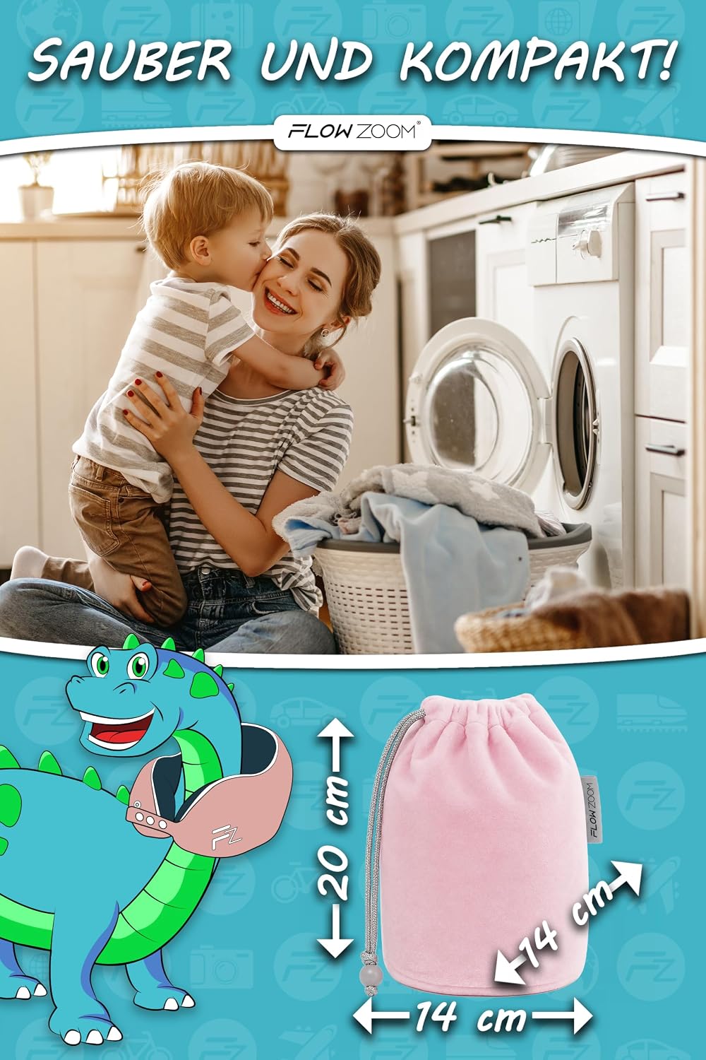 Detalle 2 de FLOWZOOM Nackenkissen für Kinder ab 6 Jahren (Größe M) mit Memoryschaum, einstellbar & waschbezug – inkl. Beutel, Rosa