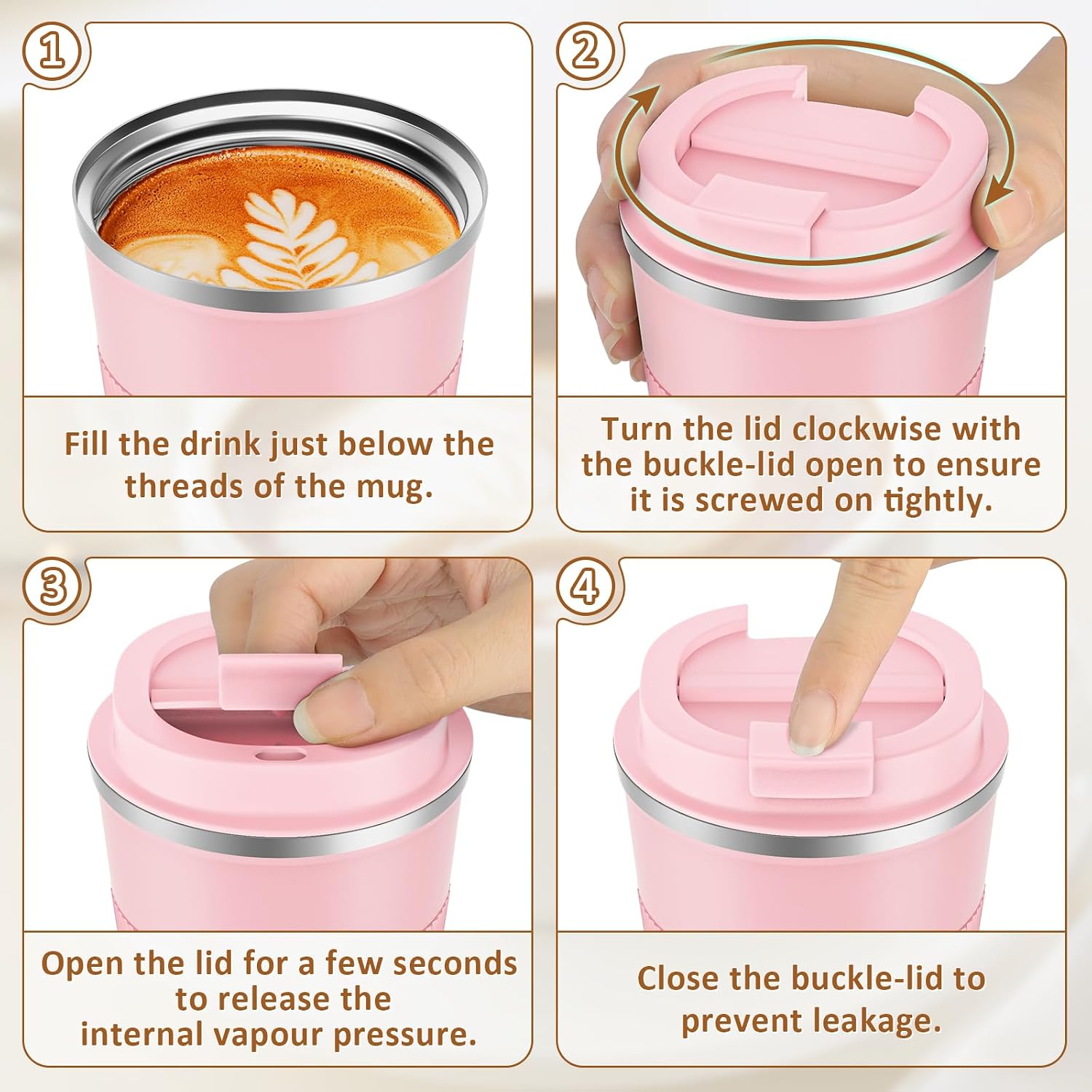 Thumbnail 6 de KETIEE Travel Mug Insulated 380ml Stainless Steel with Leakproof Lid (Pink)