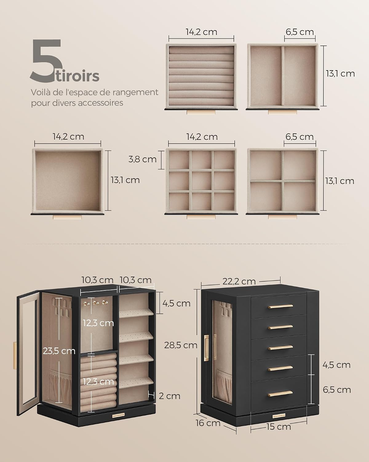 Thumbnail 3 de SONGMICS Boîte à Bijoux Rotative 360° JBC170B01 – Coffret noir graphique avec 5 tiroirs et vitres latérales