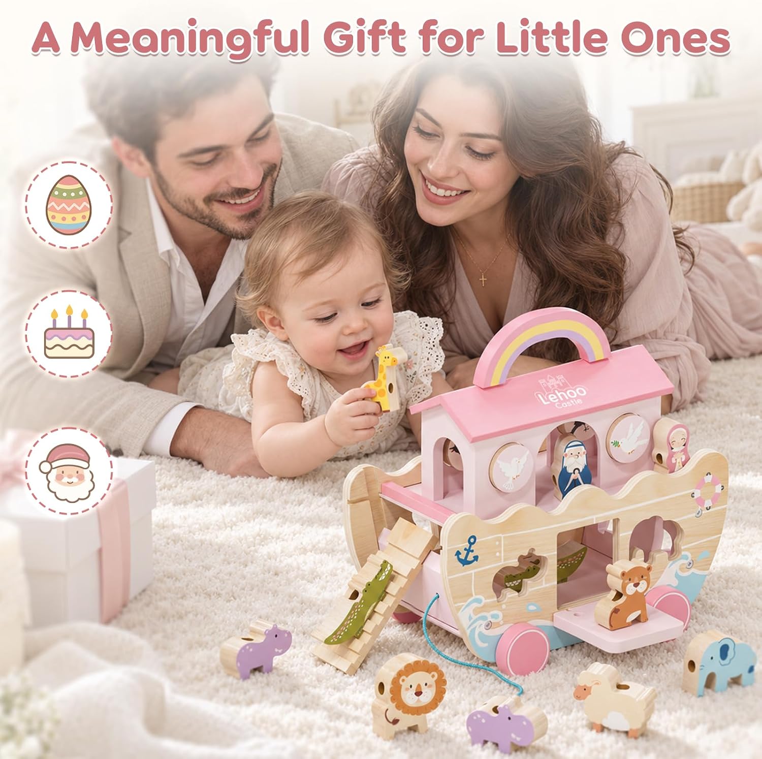 Thumbnail 1 de Lehoo Castle BT-019 Pink Wooden Noah’s Ark Toy with Shape Sorter and Lacing