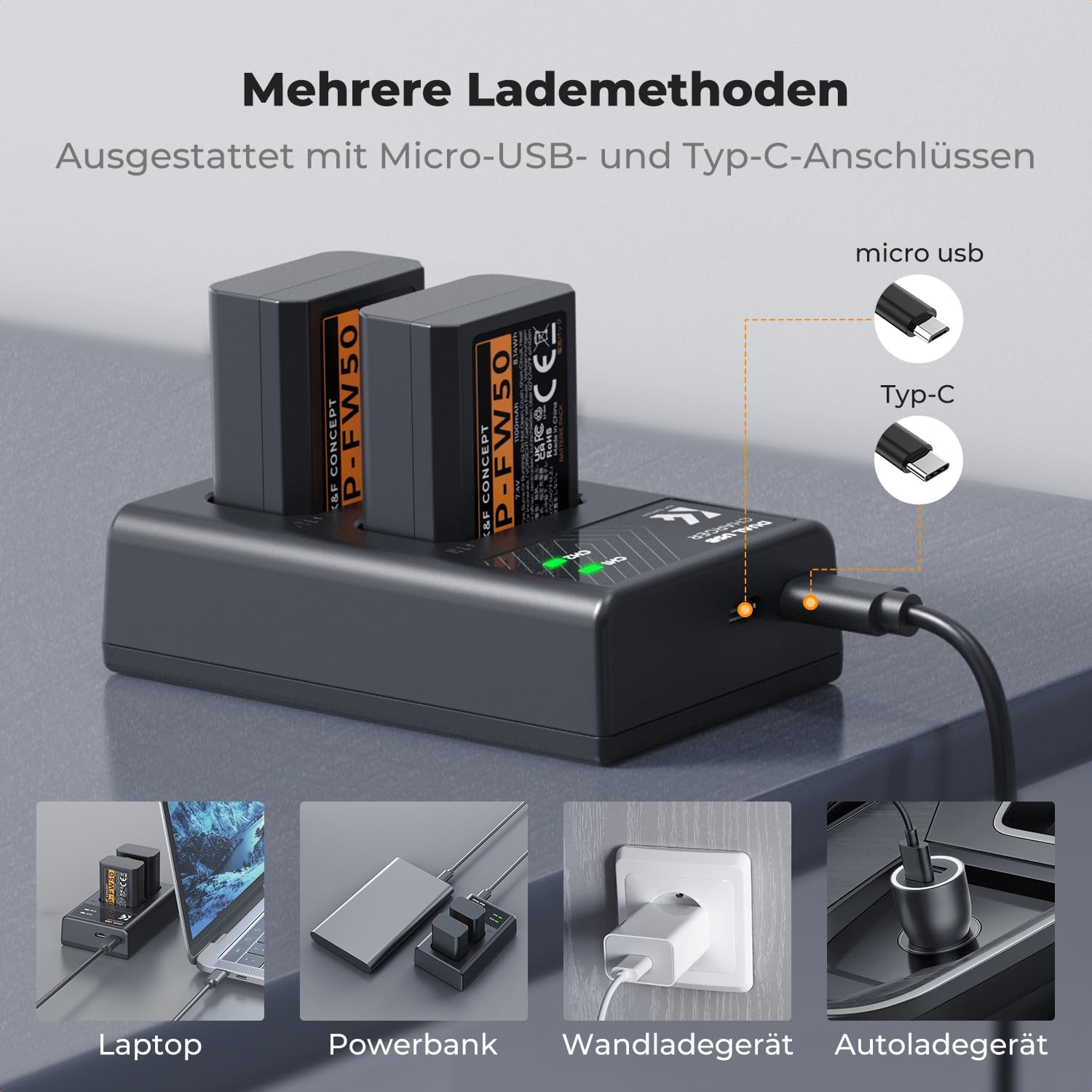 Thumbnail 5 de K&F CONCEPT NP-FW50 Kameraakku Ladegerät – 2er-Set 1100 mAh inkl. Dual-Ladeoption (Typ-C/USB-A) für Sony