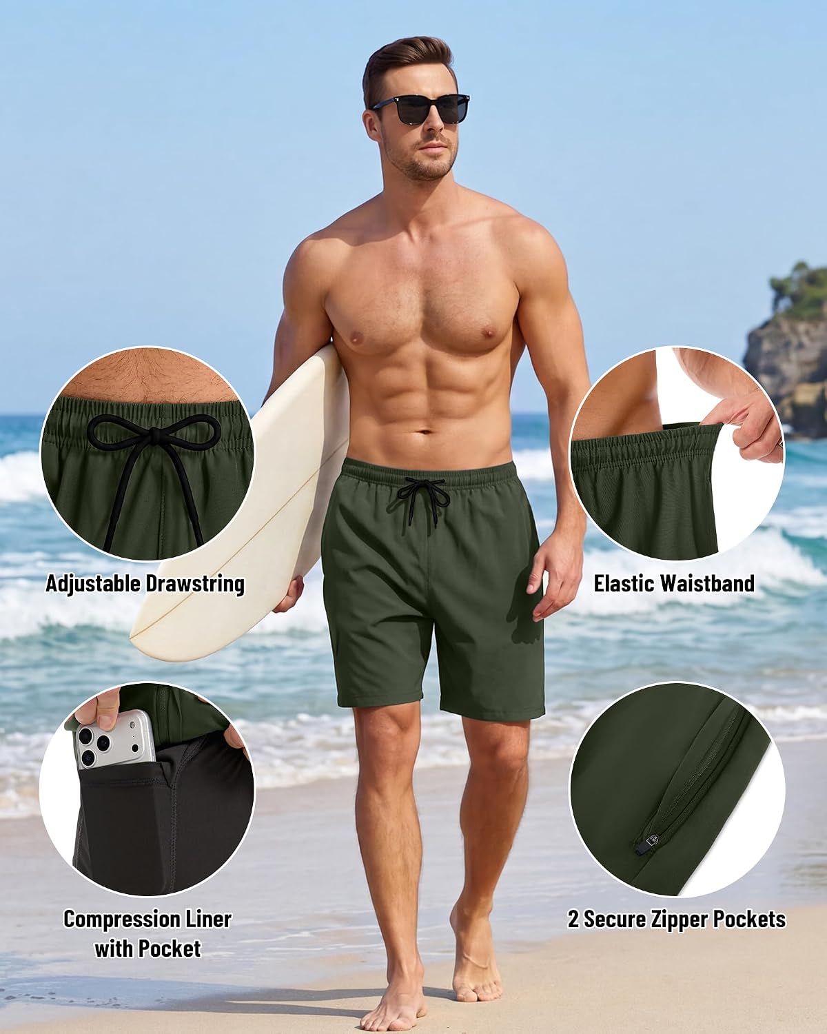 Detalle de YUTYTH Men's Swim Shorts with Compression Liner – 2 in 1 Quick-Dry Board Shorts