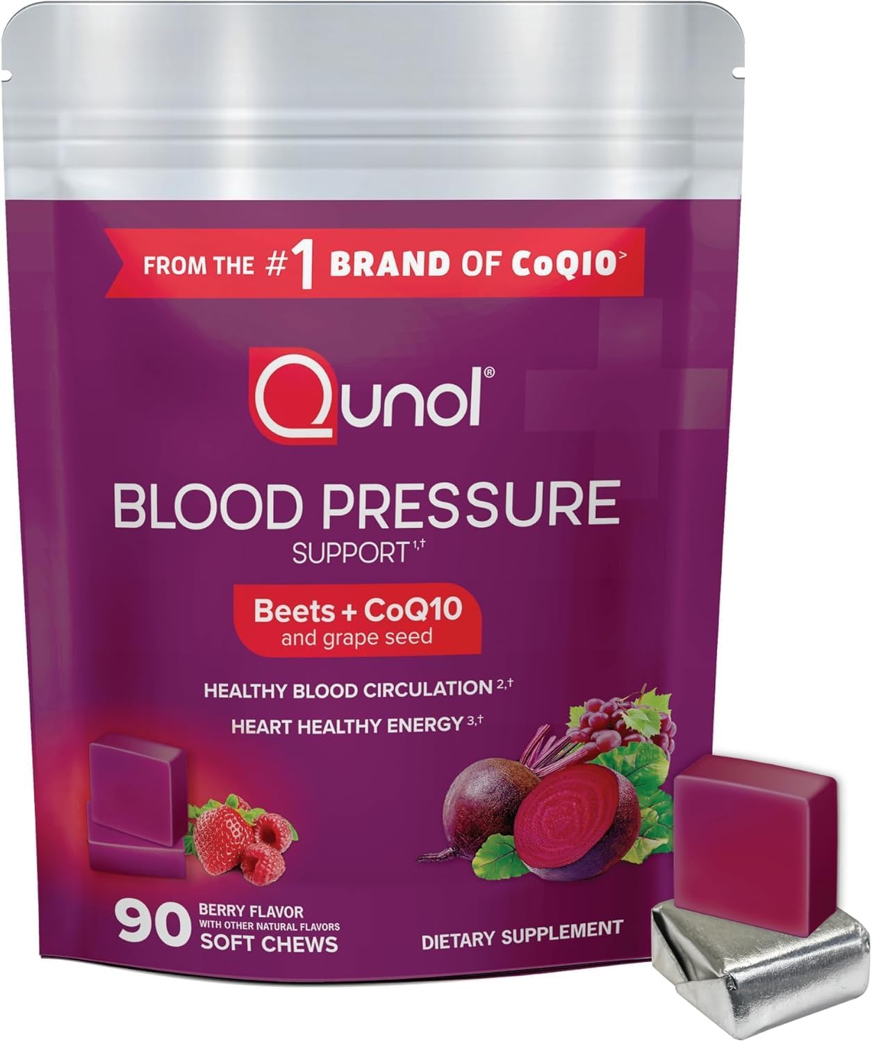 Detalle de Qunol 3-in-1 Beet Root Chews with CoQ10, Grape Seed and Berry Flavor