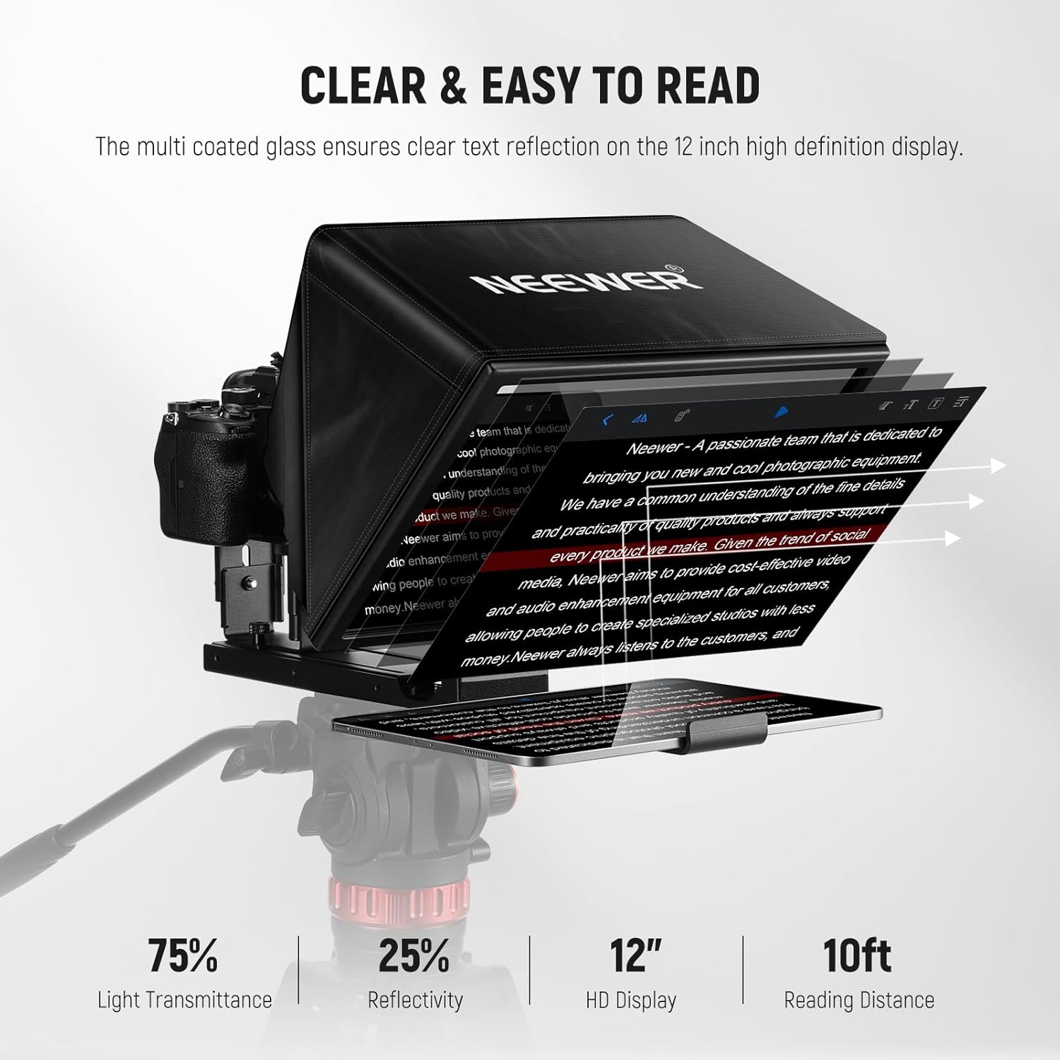 Detalle 2 de Neewer BASICS X12B 12" Aluminum Alloy Liftable Teleprompter for iPad, Tablet, DSLR Cameras