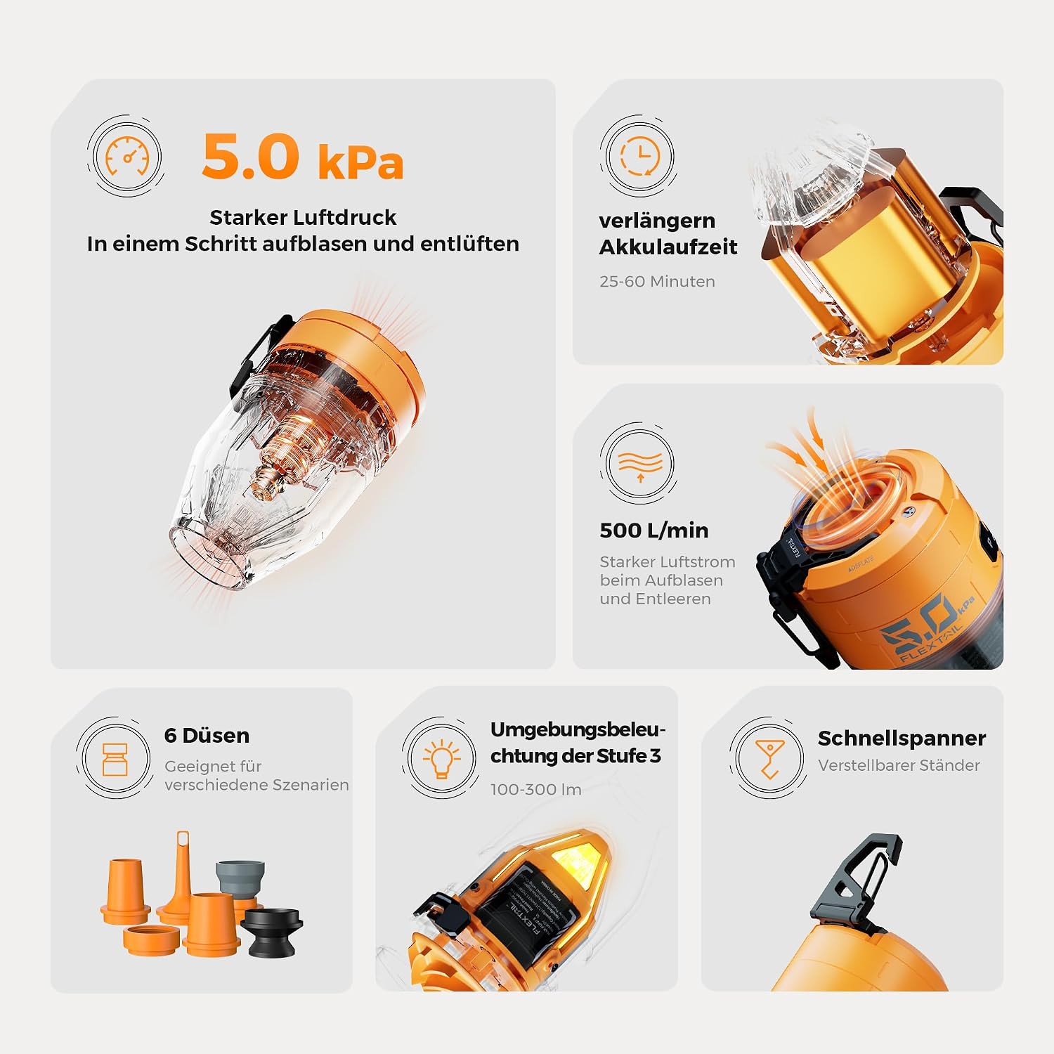 Detalle de FLEXTAILGEAR MAX Pump 3 – Tragbare Luftpumpe mit Beleuchtung, USB-Aufladung und 6 Düsen
