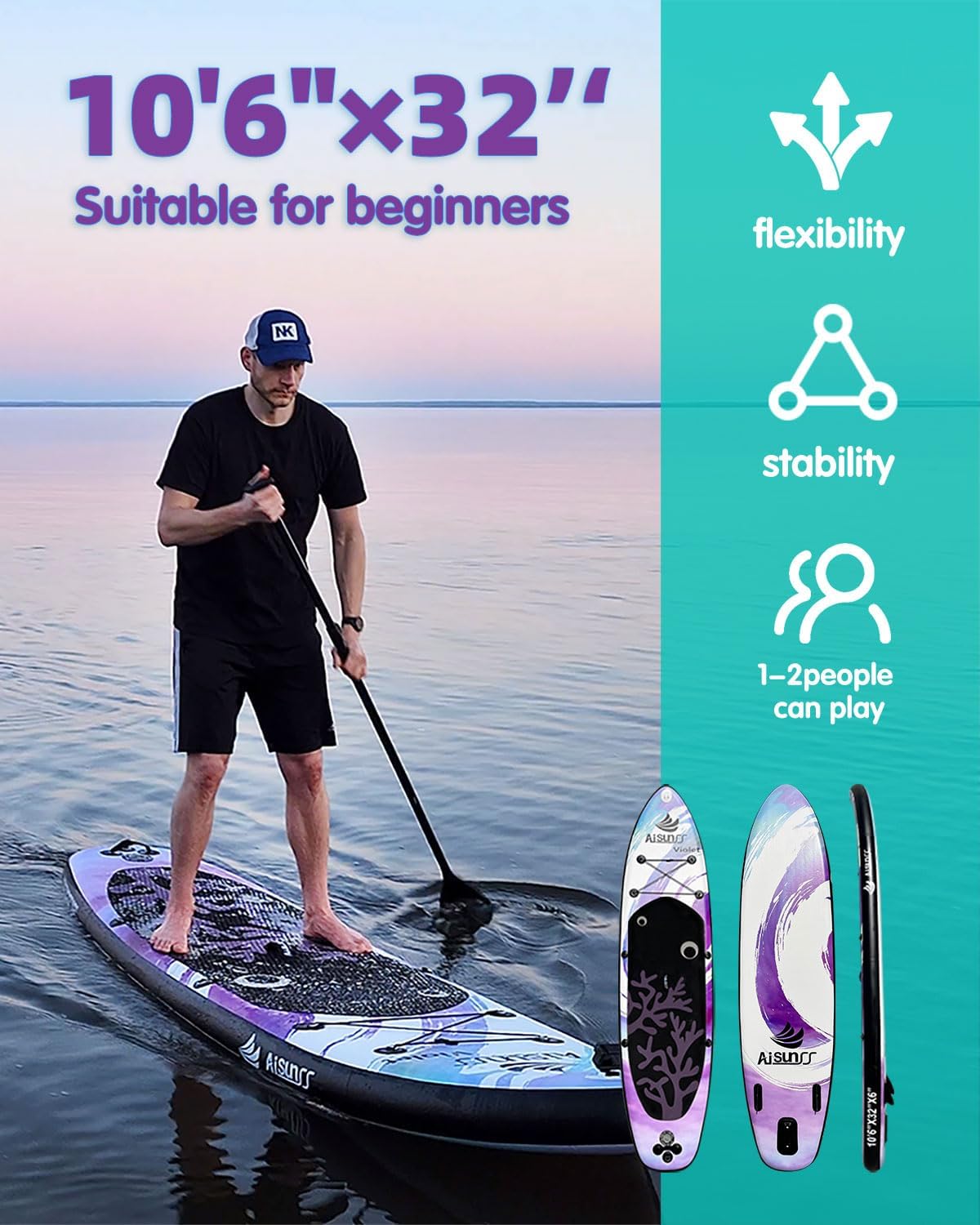 Thumbnail 2 de AISUNSS Aufblasbares Paddleboard Purple Coral – Breites, stabiles SUP-Board-Set mit umfangreichem Zubehör