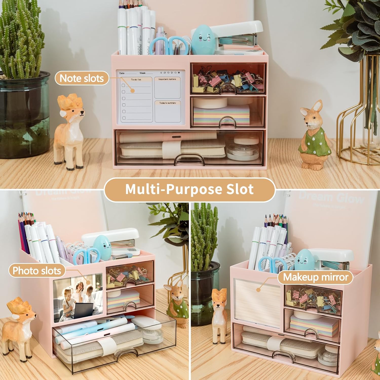 Detalle 2 de RISEMART Desk Organiser with 3 Drawers: Large Capacity 21 x 14.5 x 15.5 cm, Pink