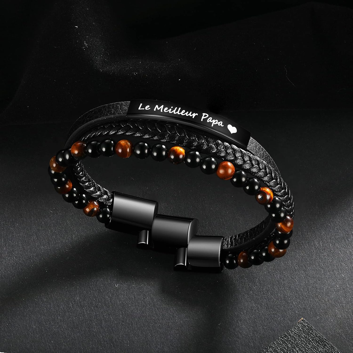 Detalle de Jbniuay Cadeau Homme - Bracelet en cuir avec perles naturelles et œil de tigre, gravé Papa