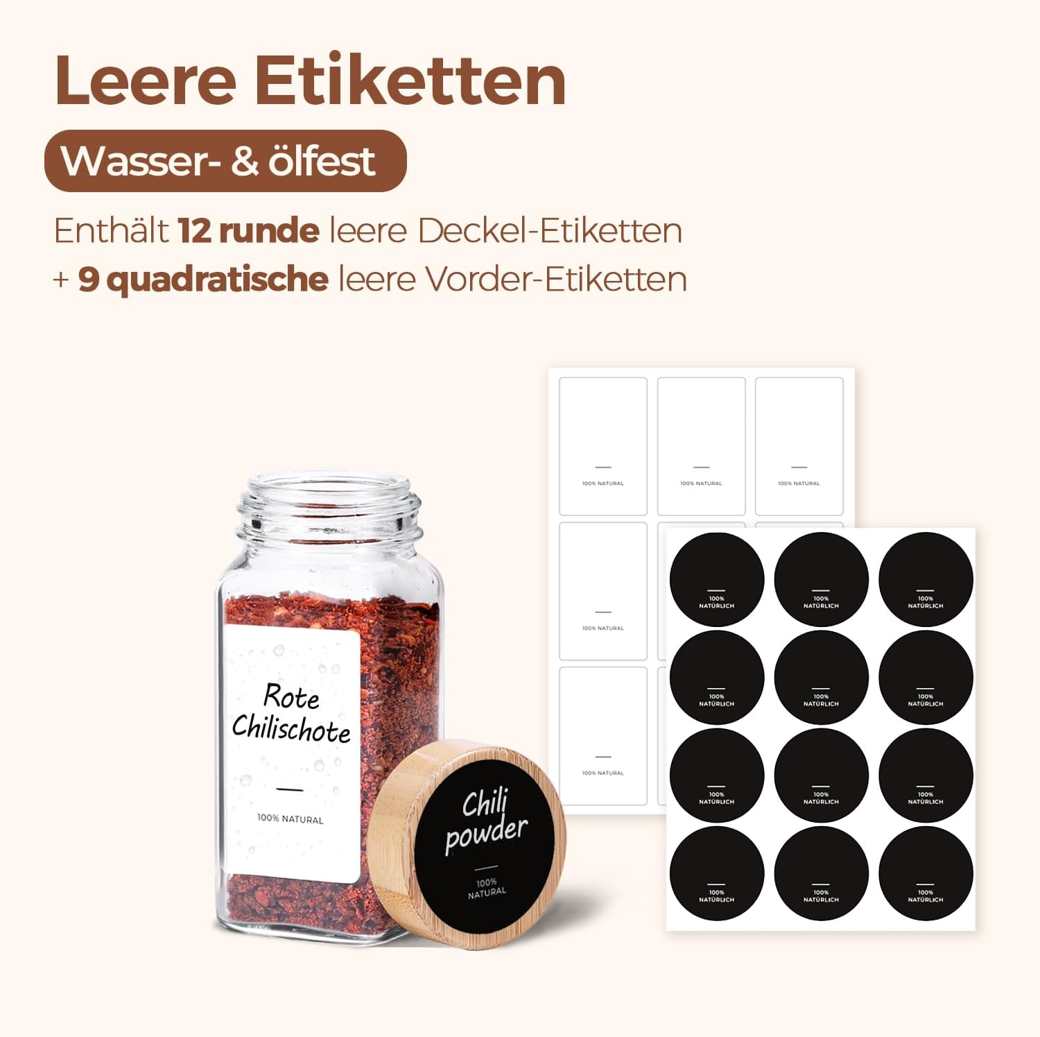 Detalle de ComSaf Glass Spice Jars, 120 ml Square Glass Jars with Bamboo Lids, 6 Pack
