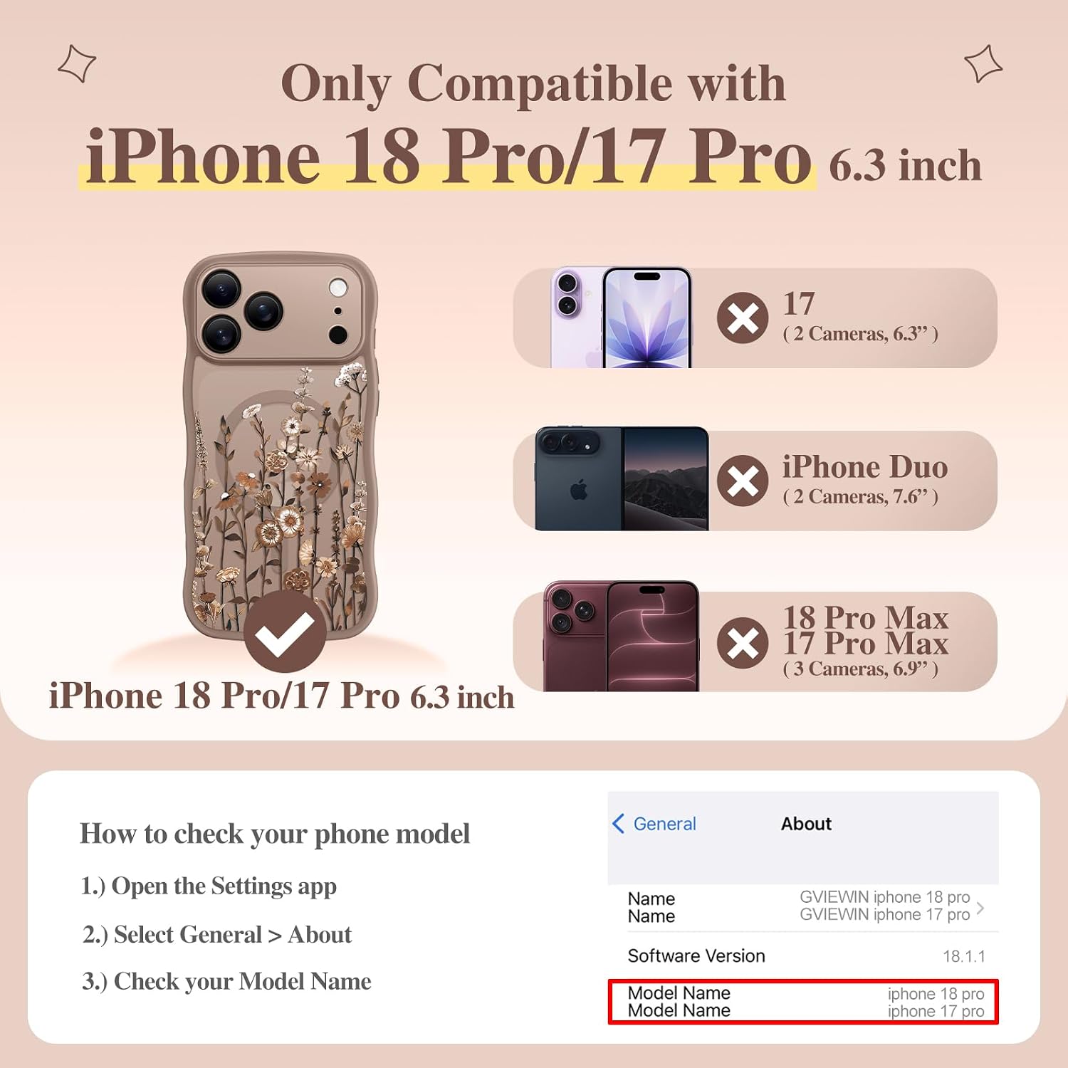 Detalle de GVIEWIN Floral Translucent MagSafe Case for iPhone 17 Pro (6.3") with Curly Wave Edge
