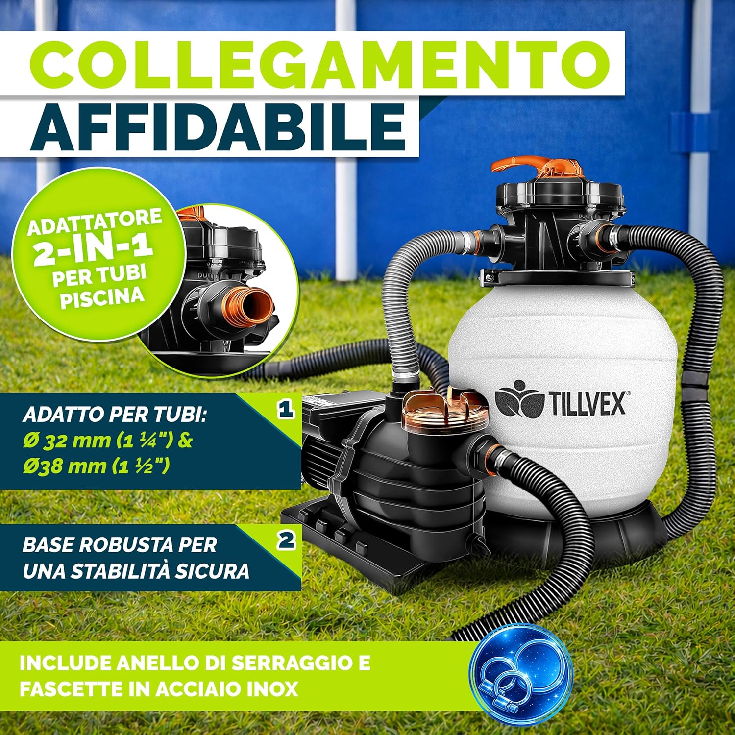 Detalle de Tillvex Pompa Filtro Piscina 13.200 L/h: purificazione a sabbia per vasche fino a 40.000 L