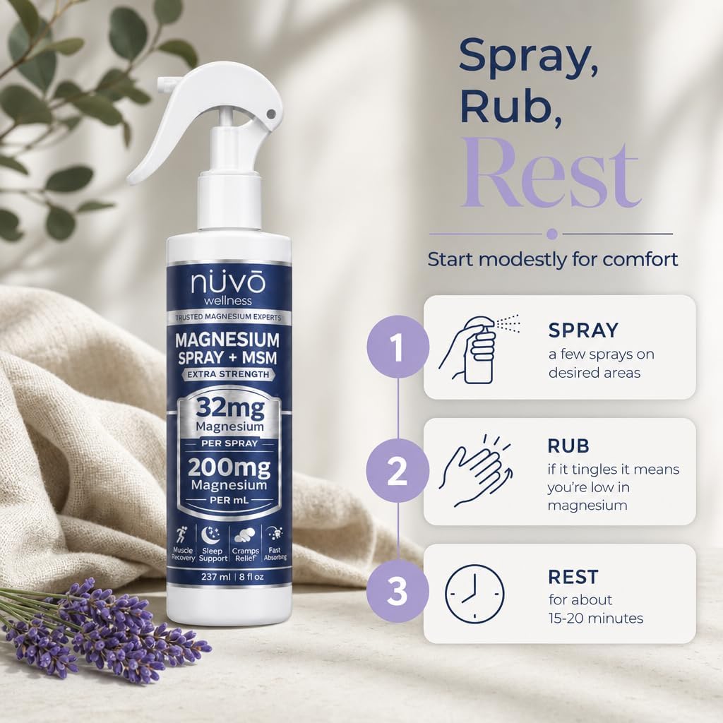 Detalle de NUVO WELLNESS Magnesium Oil Spray with MSM, Lavender, 32 mg per Spray, 237 mL