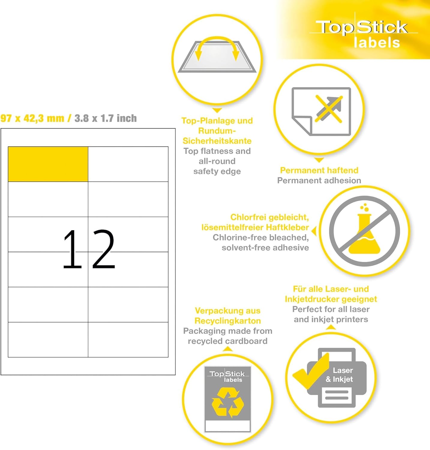 Detalle de TopStick Etichette Multiuso Autoadesive 1200 Etichette A4 96,5 x 42,3 mm – Universali, Bianchi, Per Stampanti Laser e Inkjet
