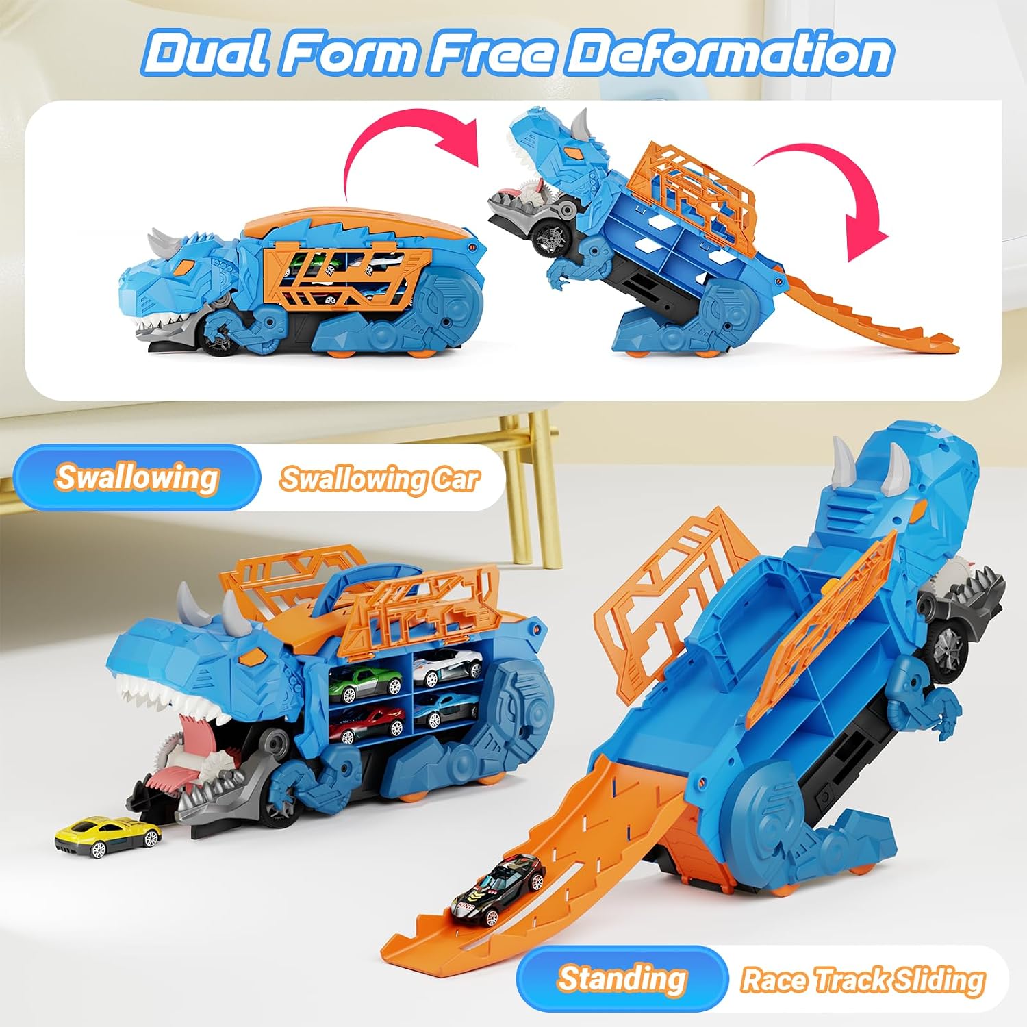 Detalle 2 de Shawe Dinosaurier Transporter Truck mit 6 Spielzeugautos 🚚