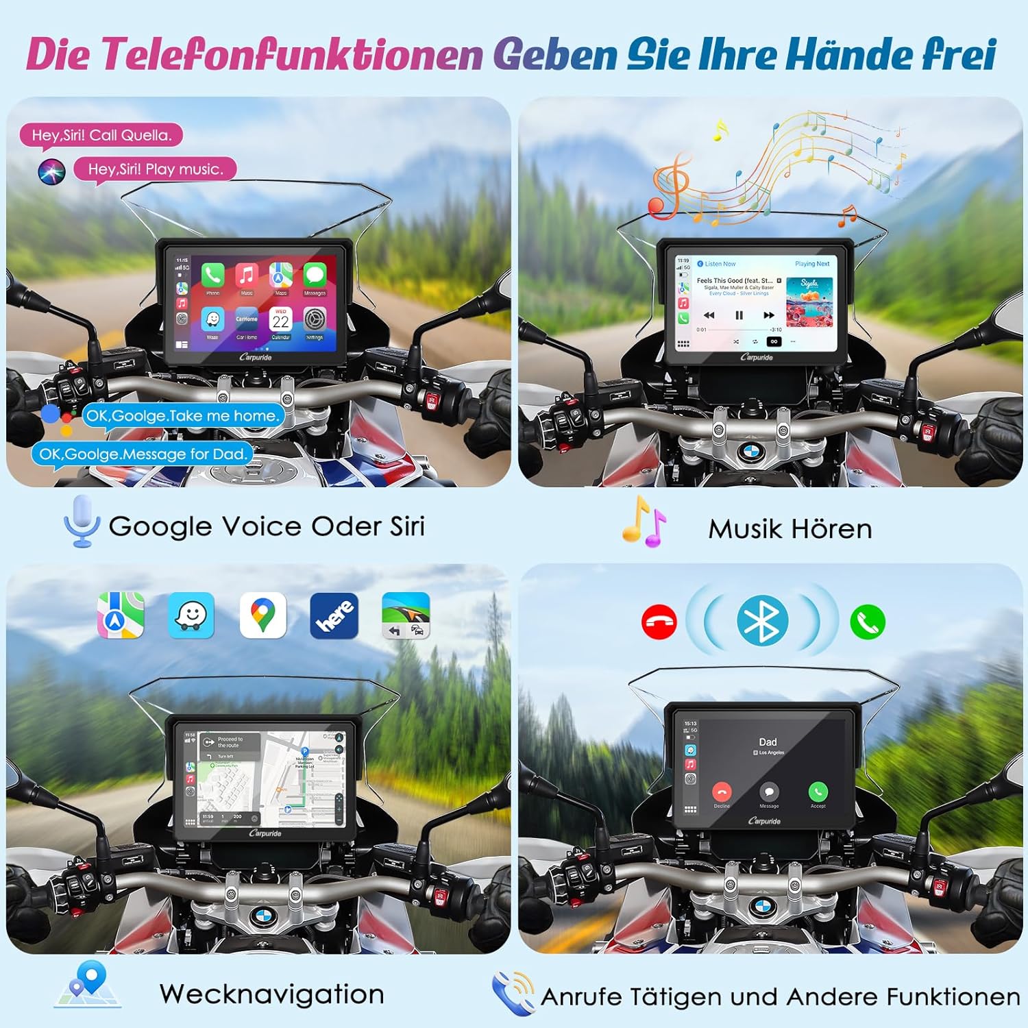 Detalle de Carpuride W502B Motorrad-Carplay-Bildschirm für BMW Motorräder – kabelloses CarPlay/Android Auto, 5 Zoll, IP67