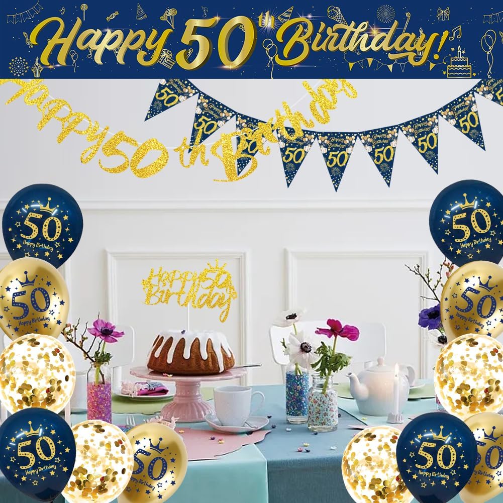 Detalle de DEARLIVES Blue Gold 50th Birthday Decorations – Complete Party Kit