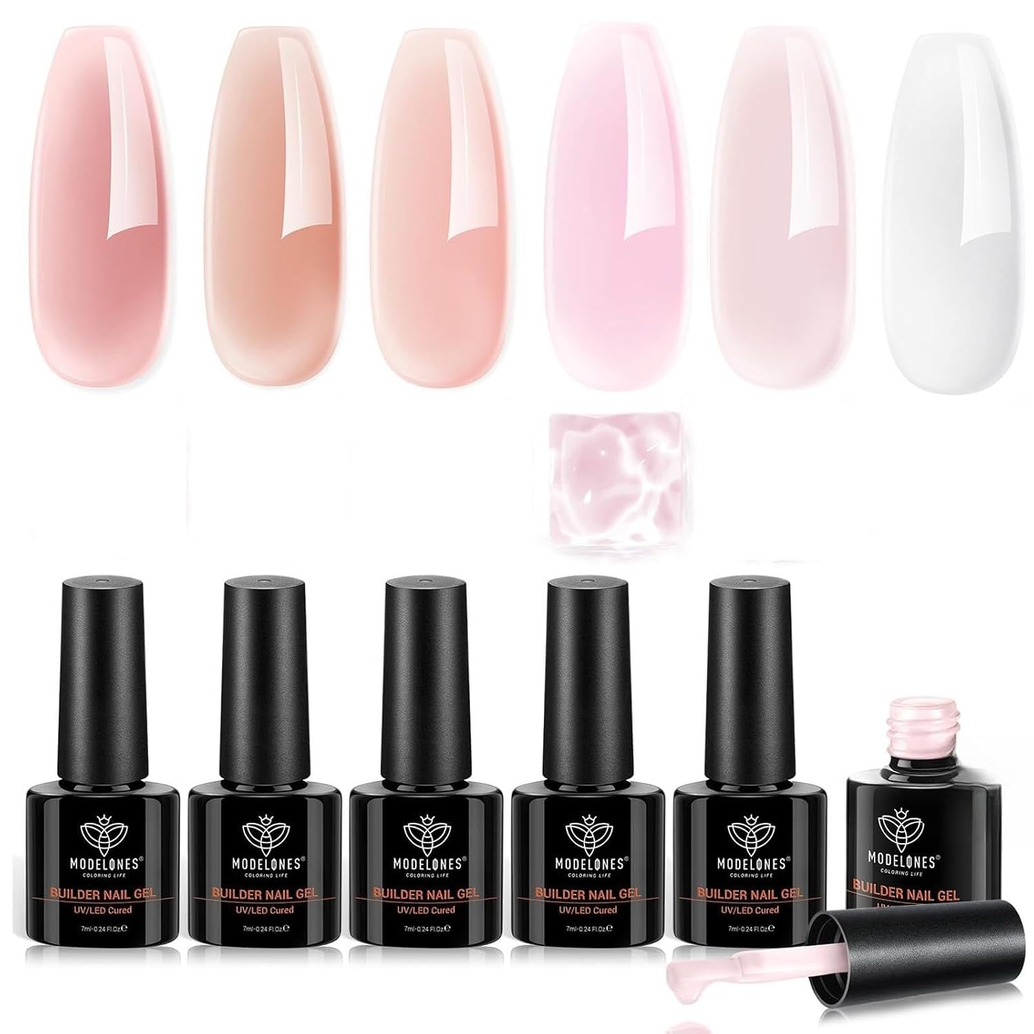 Detalle de modelones Builder Nail Gel Polish Set (Nude Pink Jelly Gel) with LED Lamp Cured Finish, 6 Colors