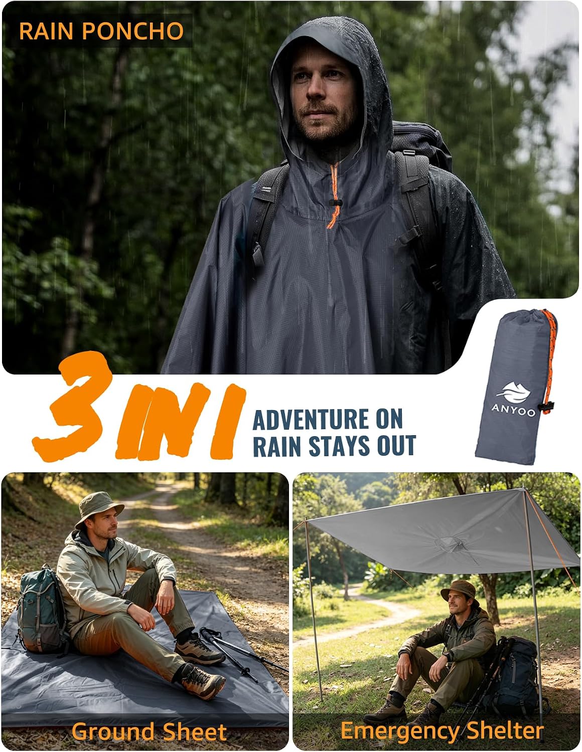 Thumbnail 5 de ANYOO Leichter wasserdichter Regenponcho – Wiederverwendbar, atmungsaktiv, mit Kapuze