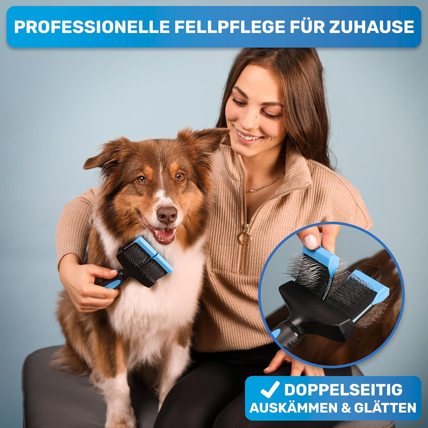 Detalle de BluePet ZupfZeug Pro – Professionelle Doppelkopf-Hundebürste für Langhaar mit flexiblem Kopf