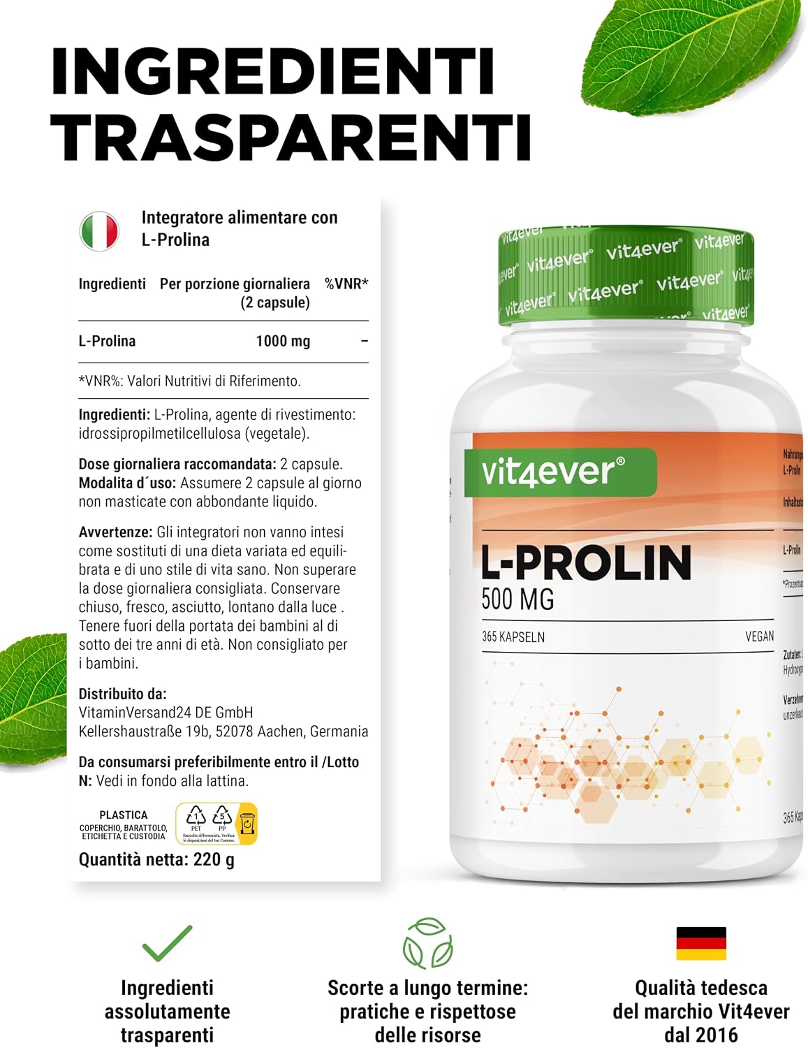 Detalle de Vit4ever L-Prolina 365 capsule – Dosaggio elevato 1000 mg/giorno, puro vegano